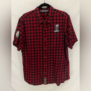Harley Davidson Men’s Shirt Red Black Plaid Button Down Short Sleeve Size L